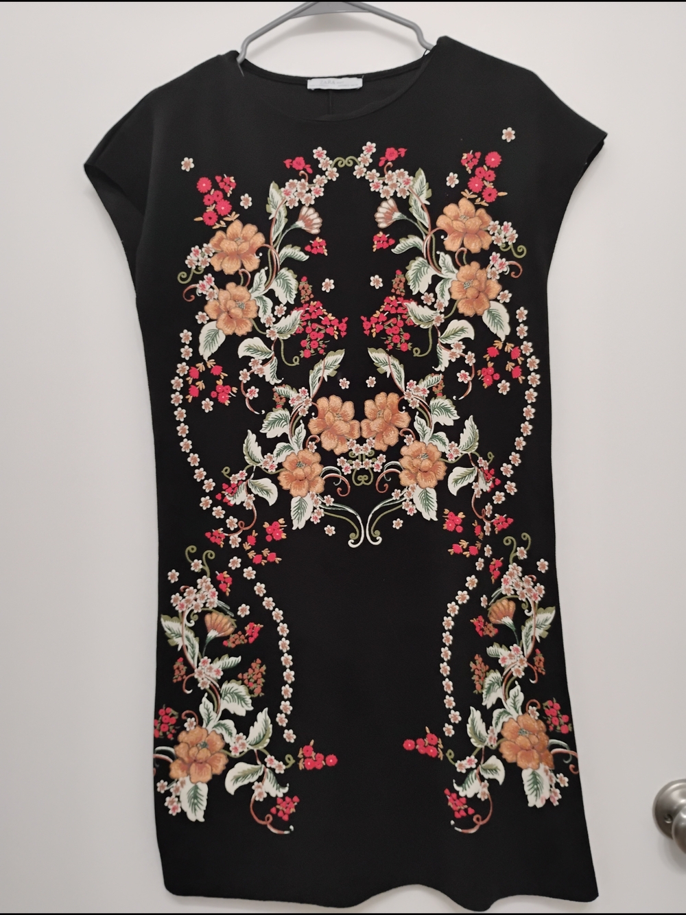 Zara Black Mini Dress with Peach and Red Floral Embroidery